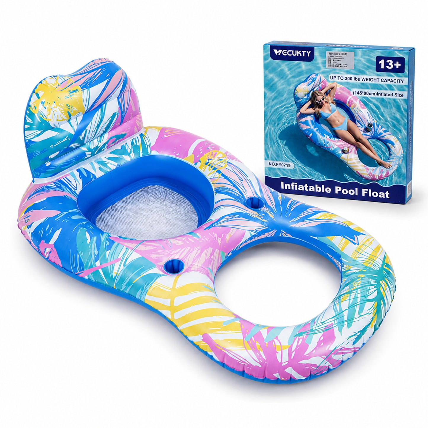Vecukty Pink Blue Tropical Inflatable Swim Ring Pool Float, Mesh Recliner Lounge with Headrest & Cup Holders for Adults Teens,Swimming Pool Beach Floatie,Unisex