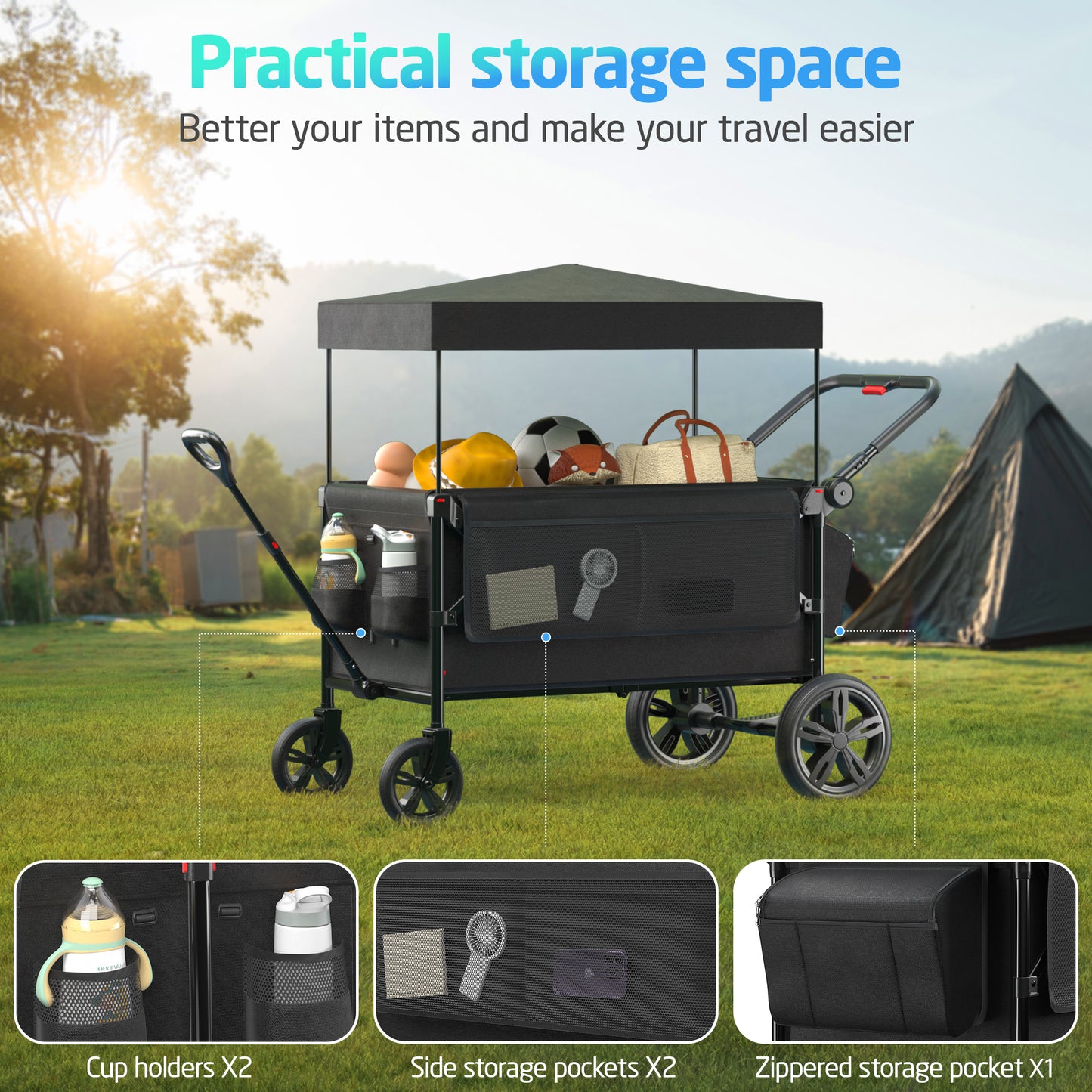 SACVON All-Terrain Stroller Wagon for Toddlers with Canopy, Parent Organizer, Adjustable Handlebar, 2 Cup Holders