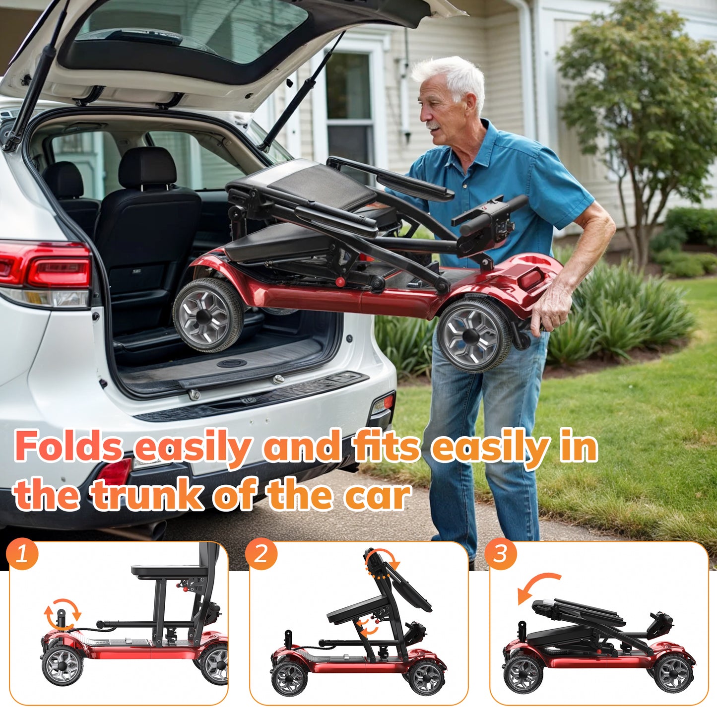 SACVON Foldable 4 Wheels Mobility Scooter for Seniors, Aluminum Frame, Lithium Battery, Suitable for Travel, 300 lbs, Red