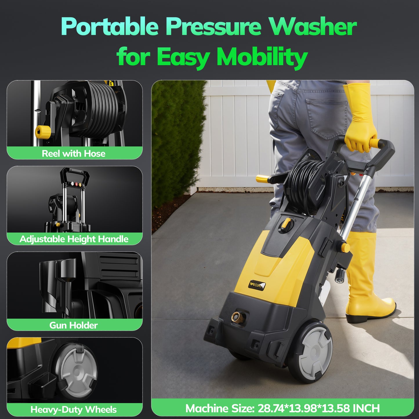 VECUKTY Electric Pressure Washer,4500 PSI Max 3.2 GPM Power Washer with 35FT Cord,20FT Hose,Retractable Handle,5 Quick Nozzles,Foam Cannon for Car Garden Patio