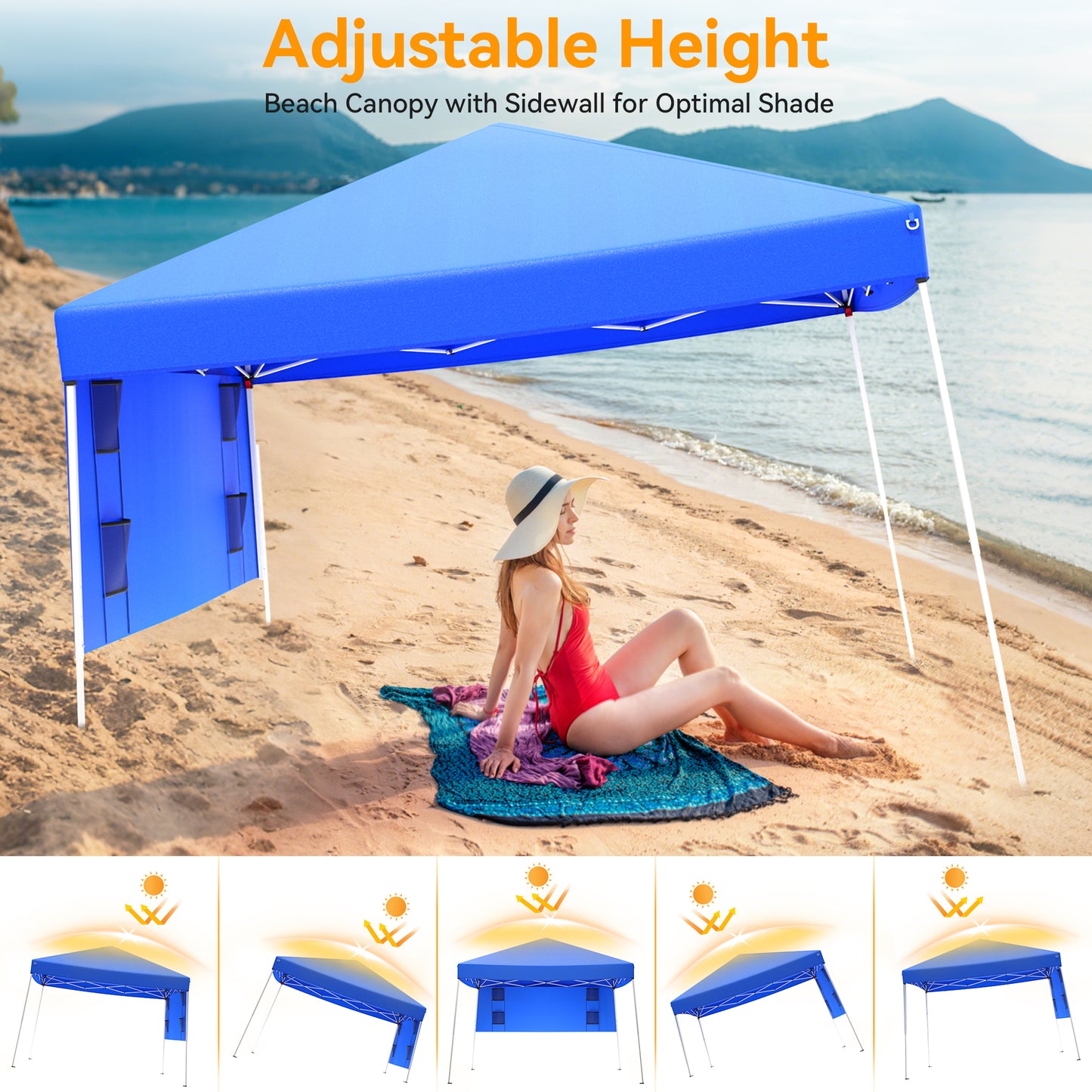 Vecukty 8ft x 8ft Top/10ft x 10ft Base Pop up Canopy Tent With Four Storage Bags For Garden,Beach Instant Tent Carry Bag,Blue