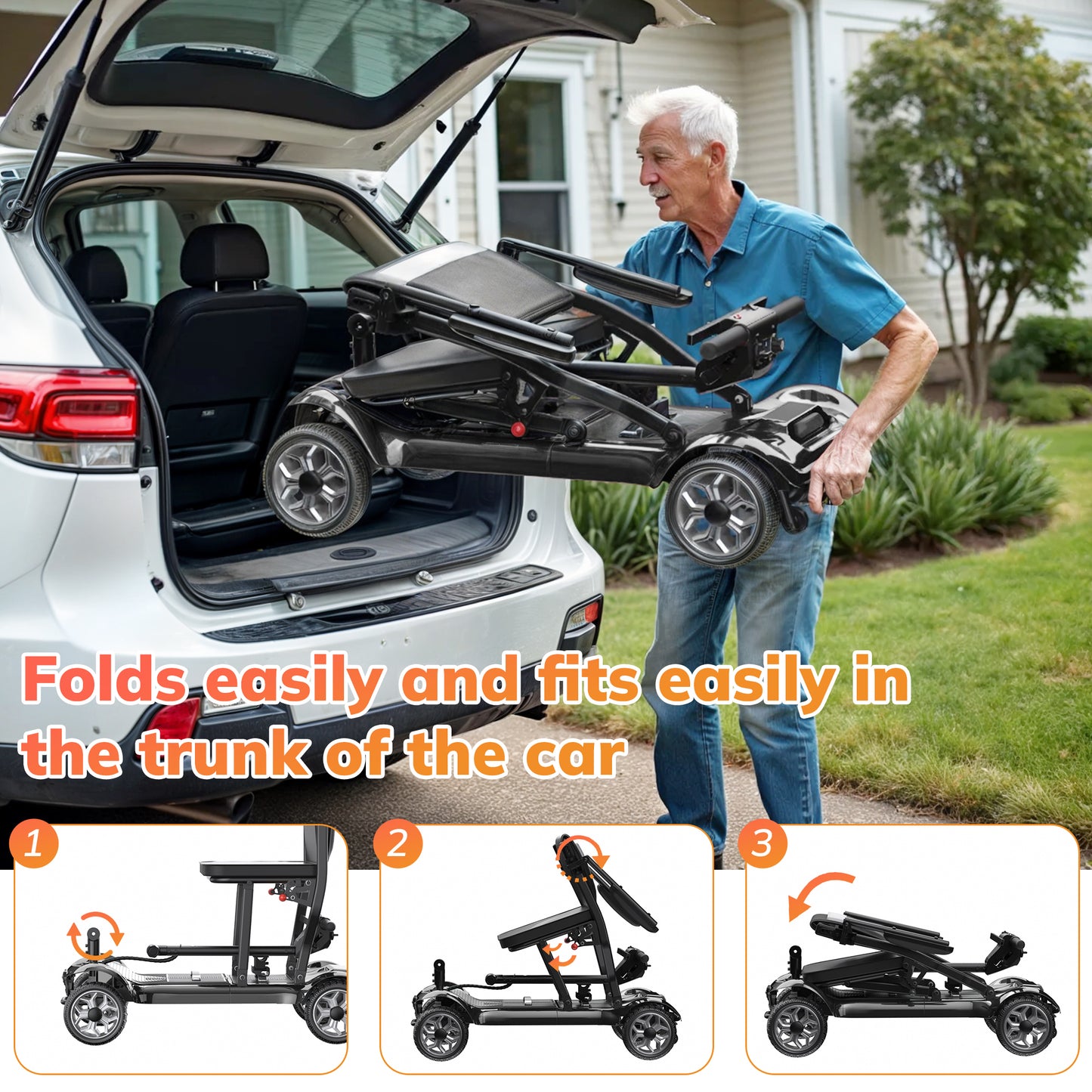 SACVON Foldable 4 Wheels Mobility Scooter for Seniors, Aluminum Frame, Lithium Battery, Suitable for Travel, 300 lbs, Black