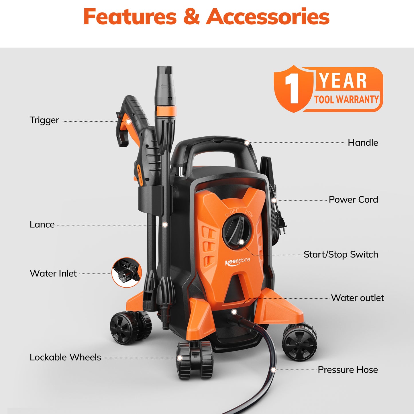 TCISA Electric 4000 PSI Pressure Washer,Max 2.8 GPM Power Washer with 35FT Cord,20FT Hose,Adjustable Nozzle 0-120°,Foam Cannon for Patios Cars Fences Driveways Orange
