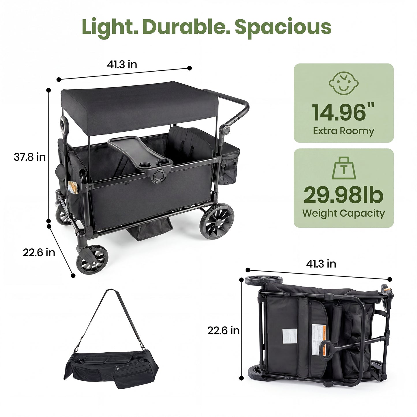 SACVON 2-Seater Stroller Wagon with Side Entry, Canopy & Snack Tray, Includes Removable Storage Bag That Converts to a Backpack-Black