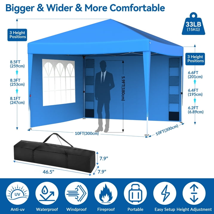 Vecukty 10' x 10' Pop up Canopy Tent with Sidewalls, Gazebo for Patio Outdoor Camping, Blue