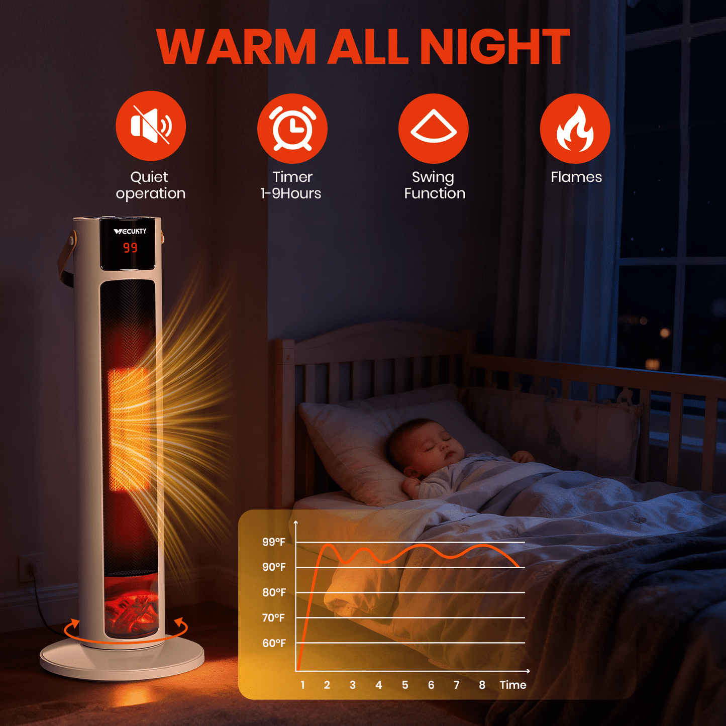 VECUKTY 26" Tower Space Heater with 3D Flame, 1500W Portable Electric Tower Electric Heater, 60 °Oscillation, 9H Timer,Remote Control for Indoor Bedroom Office Home