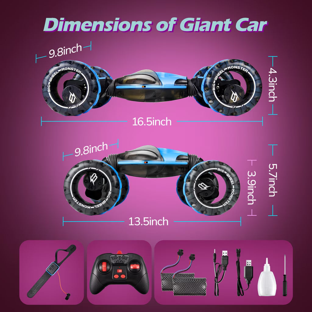 Vecukty 1:10 RC Twisting Stunt Car with Giant Wheels, Water Mist Function, Lights and Music, 2.4GHz Remote Control Toy Car, Blue