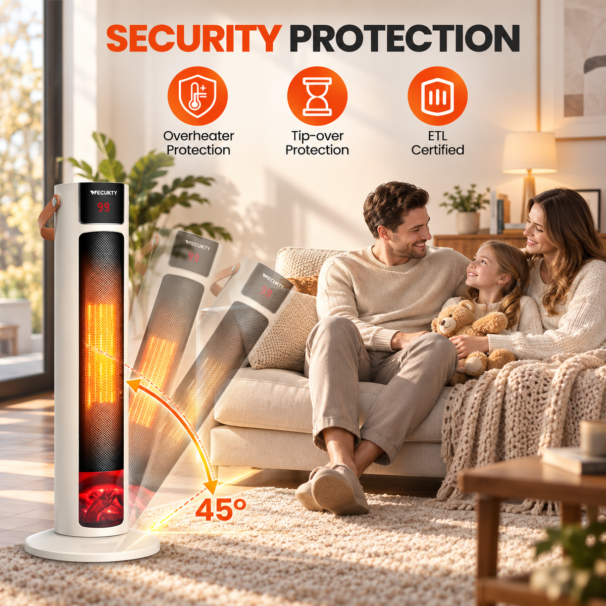 VECUKTY 26" Tower Space Heater with 3D Flame, 1500W Portable Electric Tower Electric Heater, 70 °Oscillation, 9H Timer,Remote Control for Indoor Bedroom Office Home