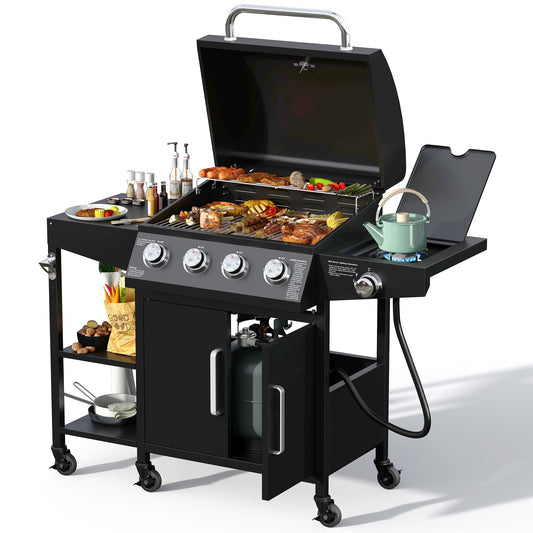 Brefac 4 Burner Propane Gas Grill with 3 Tier Shelf and Gas Valve