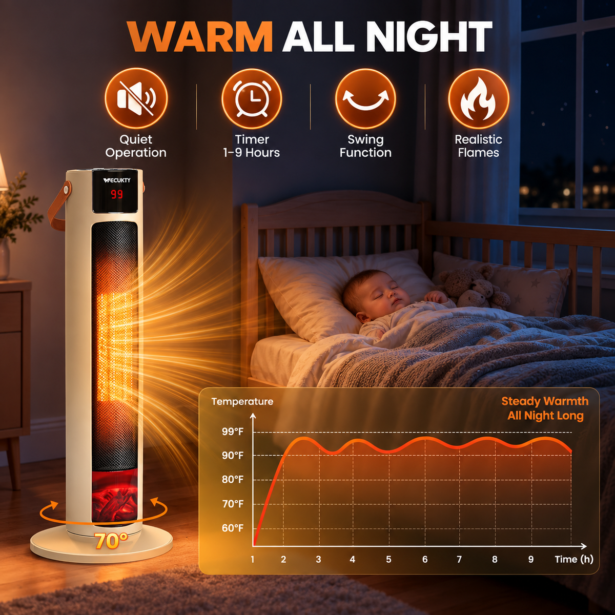 VECUKTY 26" Tower Space Heater with 3D Flame, 1500W Portable Electric Tower Electric Heater, 70 °Oscillation, 9H Timer,Remote Control for Indoor Bedroom Office Home