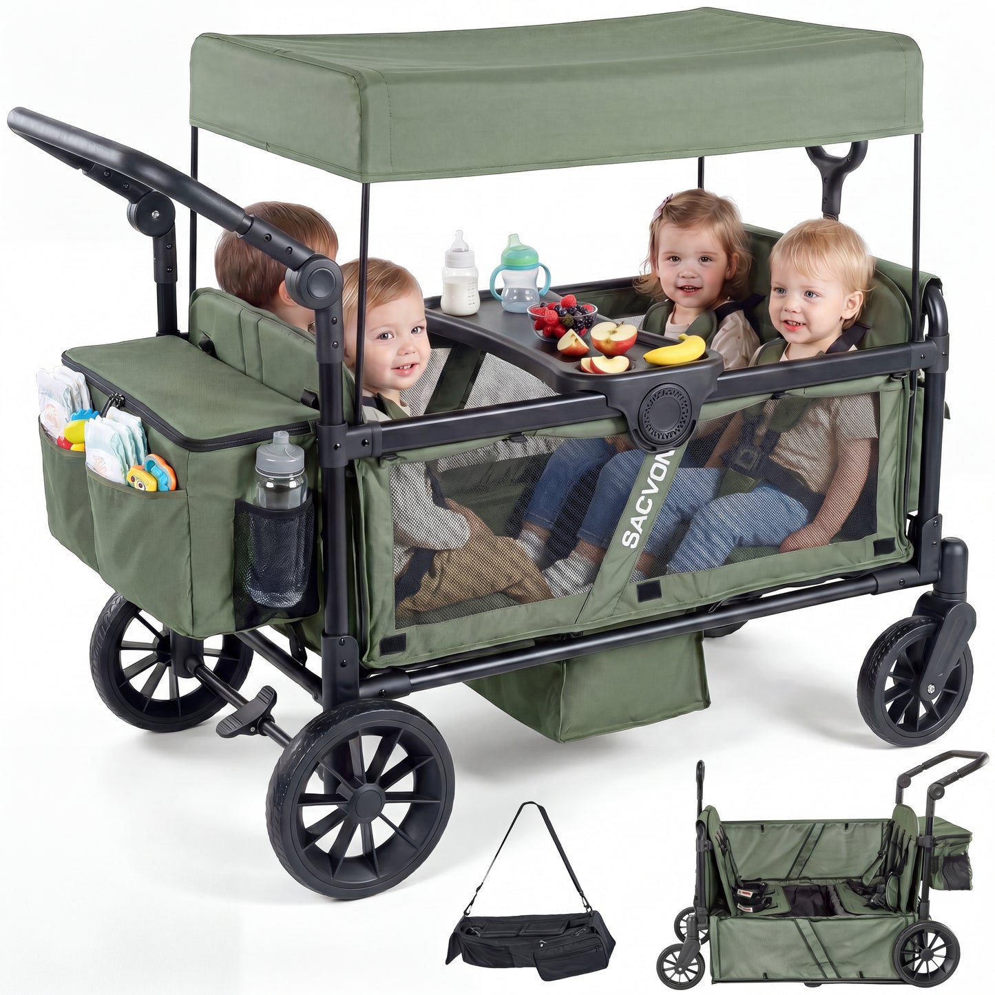 SACVON 4-Seater Stroller Wagon with Side Entry, Canopy & Snack Tray, Includes Detachable Storage Bag That Converts to a Backpack– Olive Green