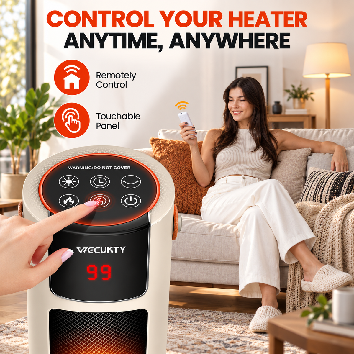 VECUKTY 26" Tower Space Heater with 3D Flame, 1500W Portable Electric Tower Electric Heater, 70 °Oscillation, 9H Timer,Remote Control for Indoor Bedroom Office Home