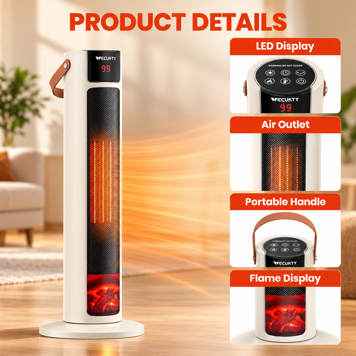VECUKTY 26" Tower Space Heater with 3D Flame, 1500W Portable Electric Tower Electric Heater, 70 °Oscillation, 9H Timer,Remote Control for Indoor Bedroom Office Home