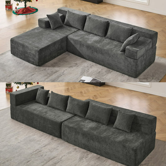 Eunon 105" Modular Sectional Sofa for Living Room, 3 Supportive Cushions & 2 Pillows, Dark Gray