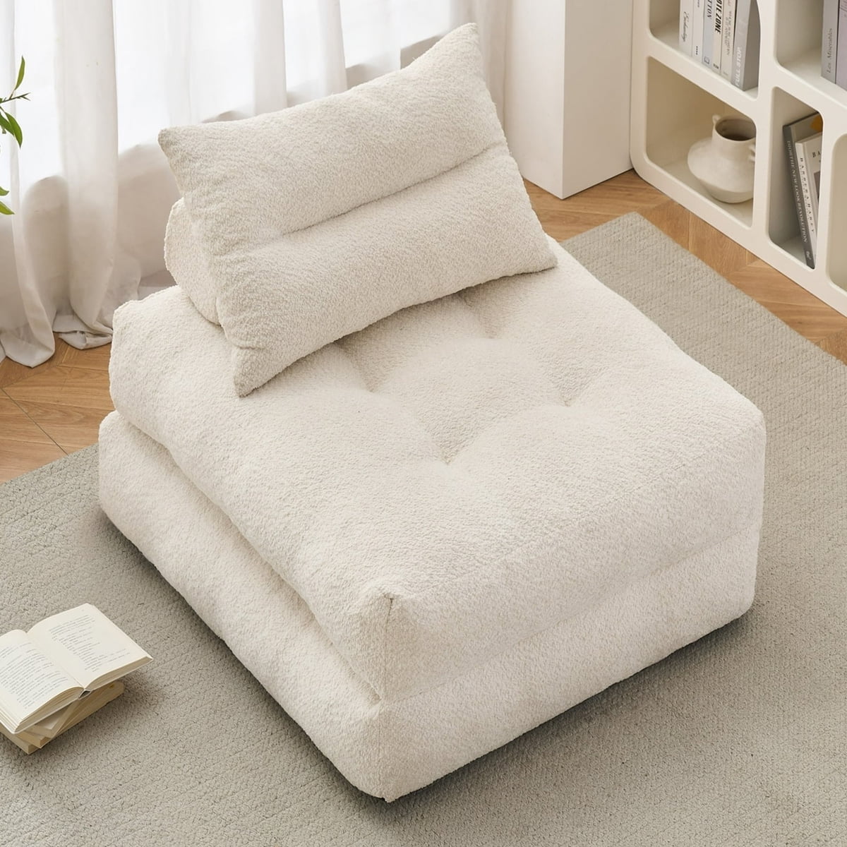 Eunon 86" Teddy Plush Convertible Sofa Bed for Adults, Beige
