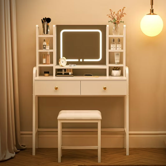 Eunon Vanity Desk with LED Lighted Mirror & Power Outlet, Makeup Table with Drawers & Adjustable Cabinet,Storage Stool,for Bedroom, Dressing Room,White