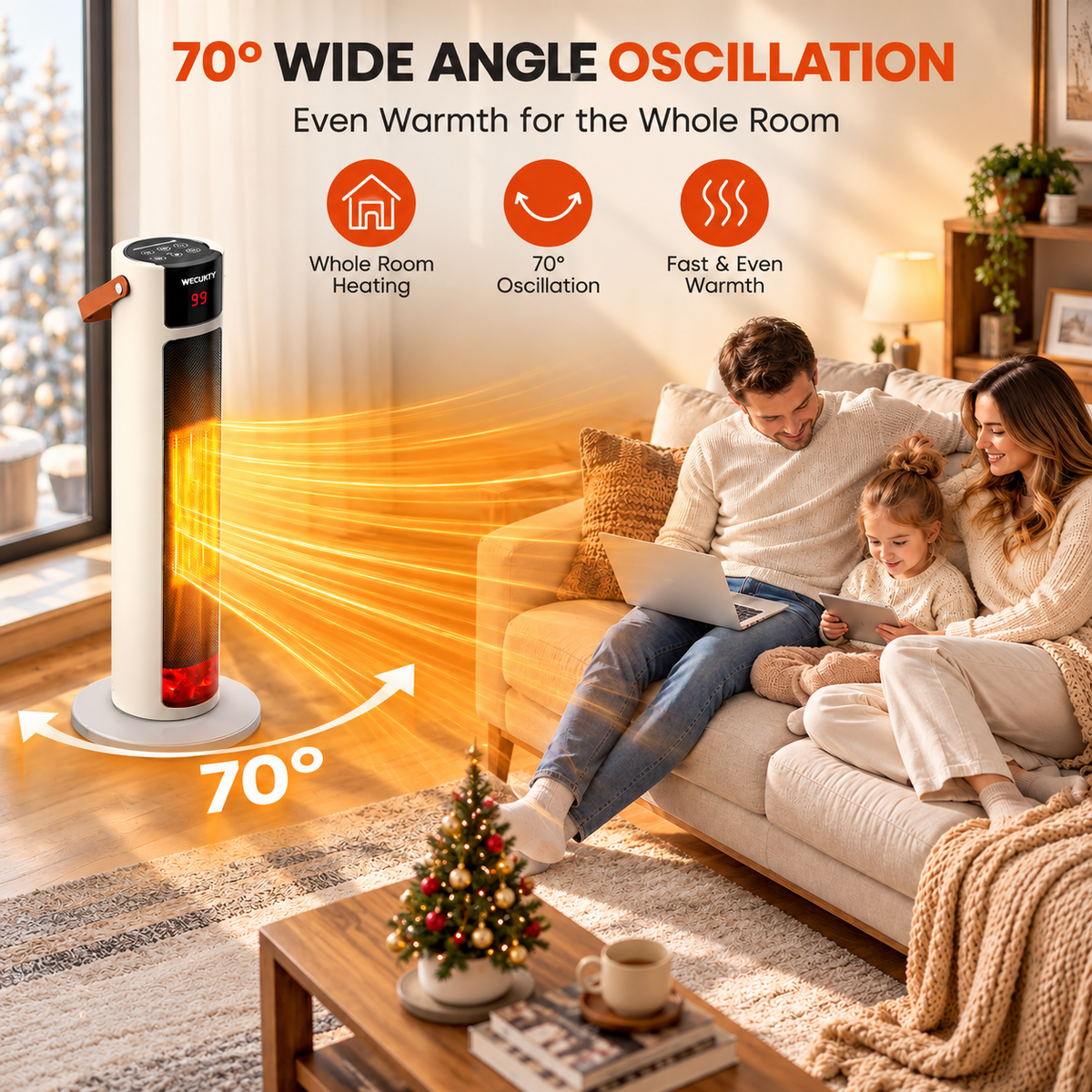 VECUKTY 26" Tower Space Heater with 3D Flame, 1500W Portable Electric Tower Electric Heater, 70 °Oscillation, 9H Timer,Remote Control for Indoor Bedroom Office Home