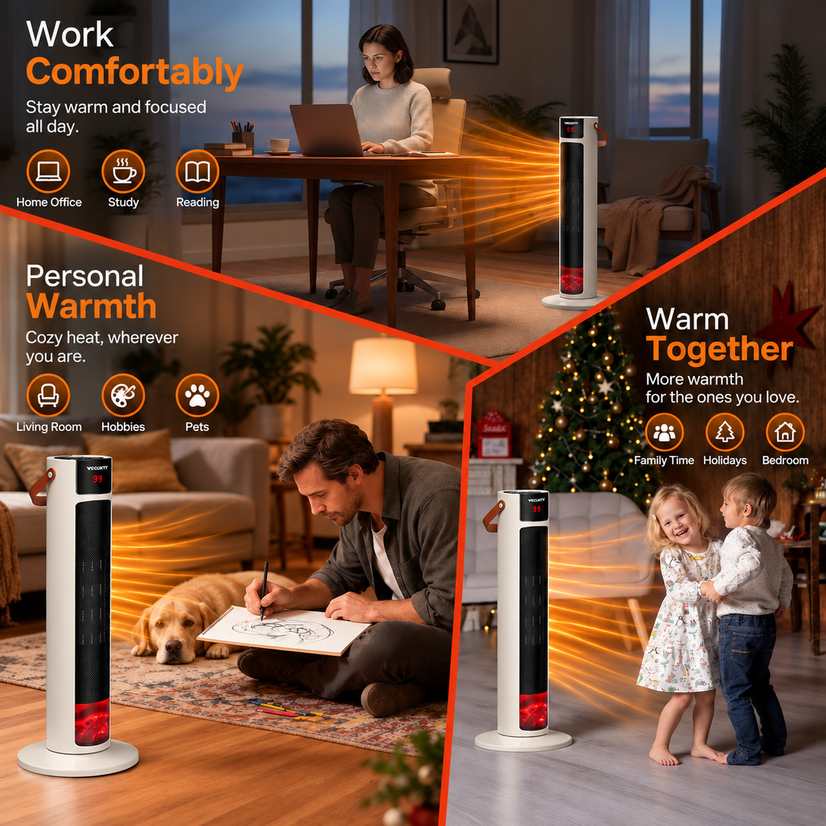 VECUKTY 26" Tower Space Heater with 3D Flame, 1500W Portable Electric Tower Electric Heater, 70 °Oscillation, 9H Timer,Remote Control for Indoor Bedroom Office Home