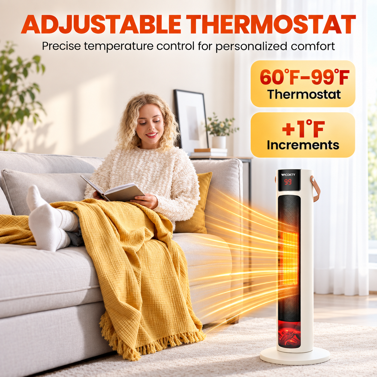 VECUKTY 26" Tower Space Heater with 3D Flame, 1500W Portable Electric Tower Electric Heater, 70 °Oscillation, 9H Timer,Remote Control for Indoor Bedroom Office Home