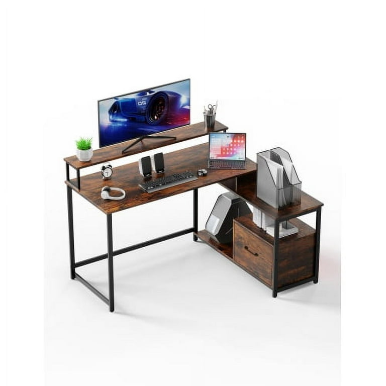 Home Office Computer Desk with File Drawer, LED Strip, Power Outlet, L-Shaped Gaming Desk with Monitor Shelf and Printer Storage Shelf