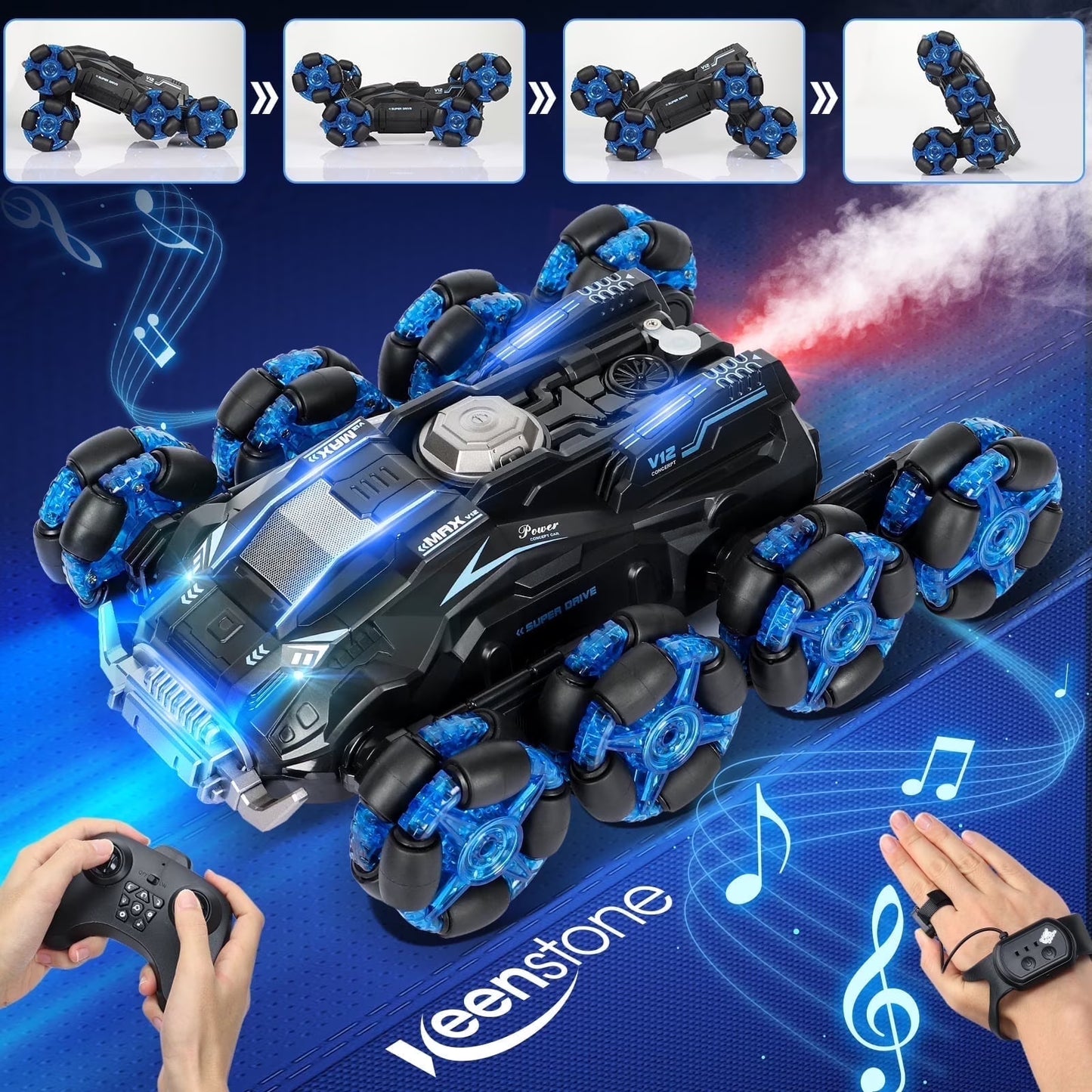 Keenstone Remote Control Car,Eight-Wheel Drive RC Race Car Monster Truck with Gesture Control ,Transformation Double-side Driving, Gift for Kids Age 5+,Blue