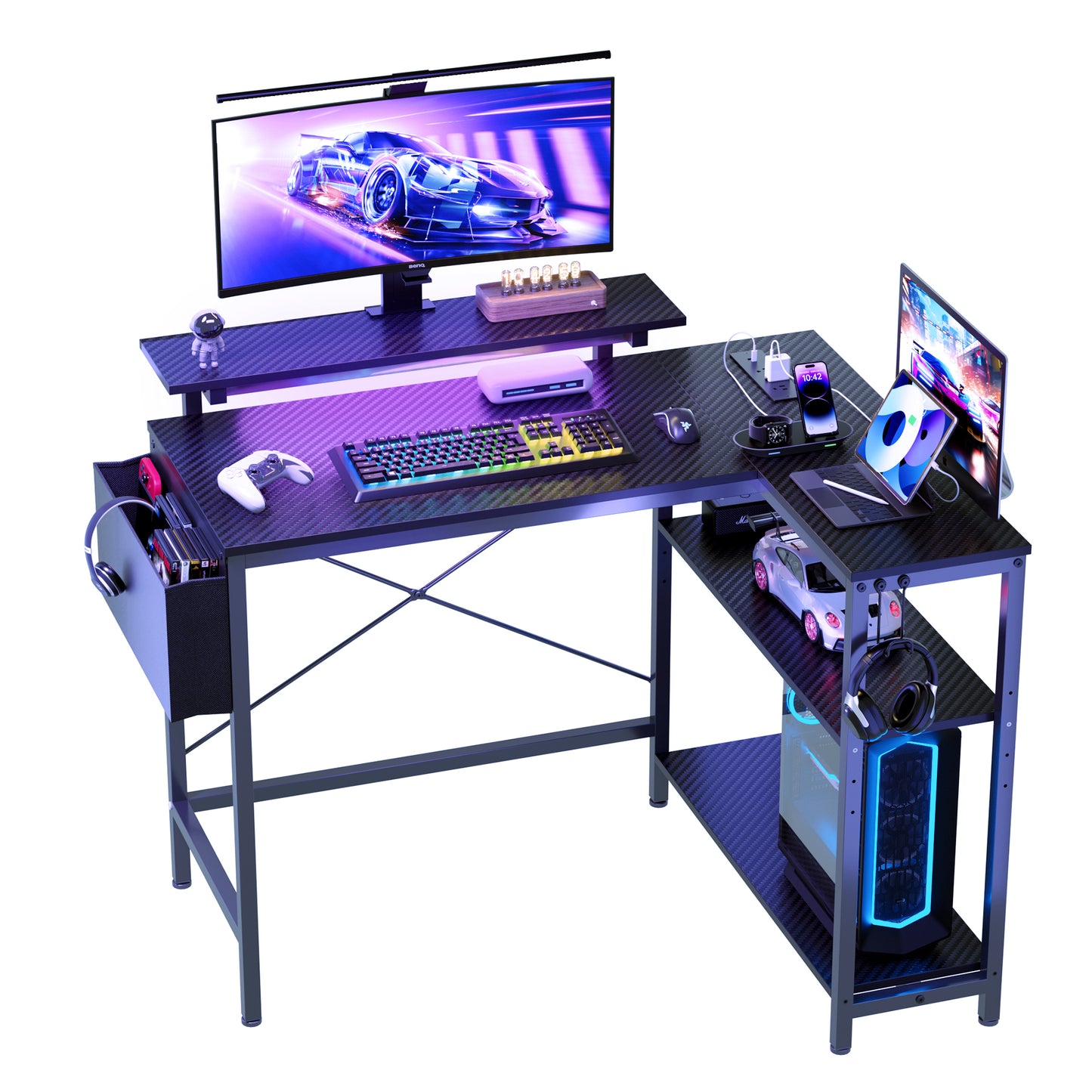 Eunon 42" Gaming Desk with LED Lights L Shaped Desk with Power Outlet & Monitor Stand Corner Computer Desk,Black Carbon Fiber