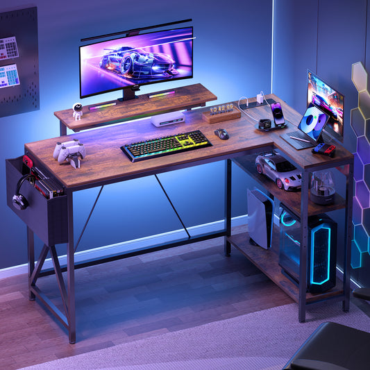 Eunon 52" Gaming Desk with LED Lights L Shaped Desk with Power Outlets Adjustable Monitor Stand Corner Computer Desk, Rustic