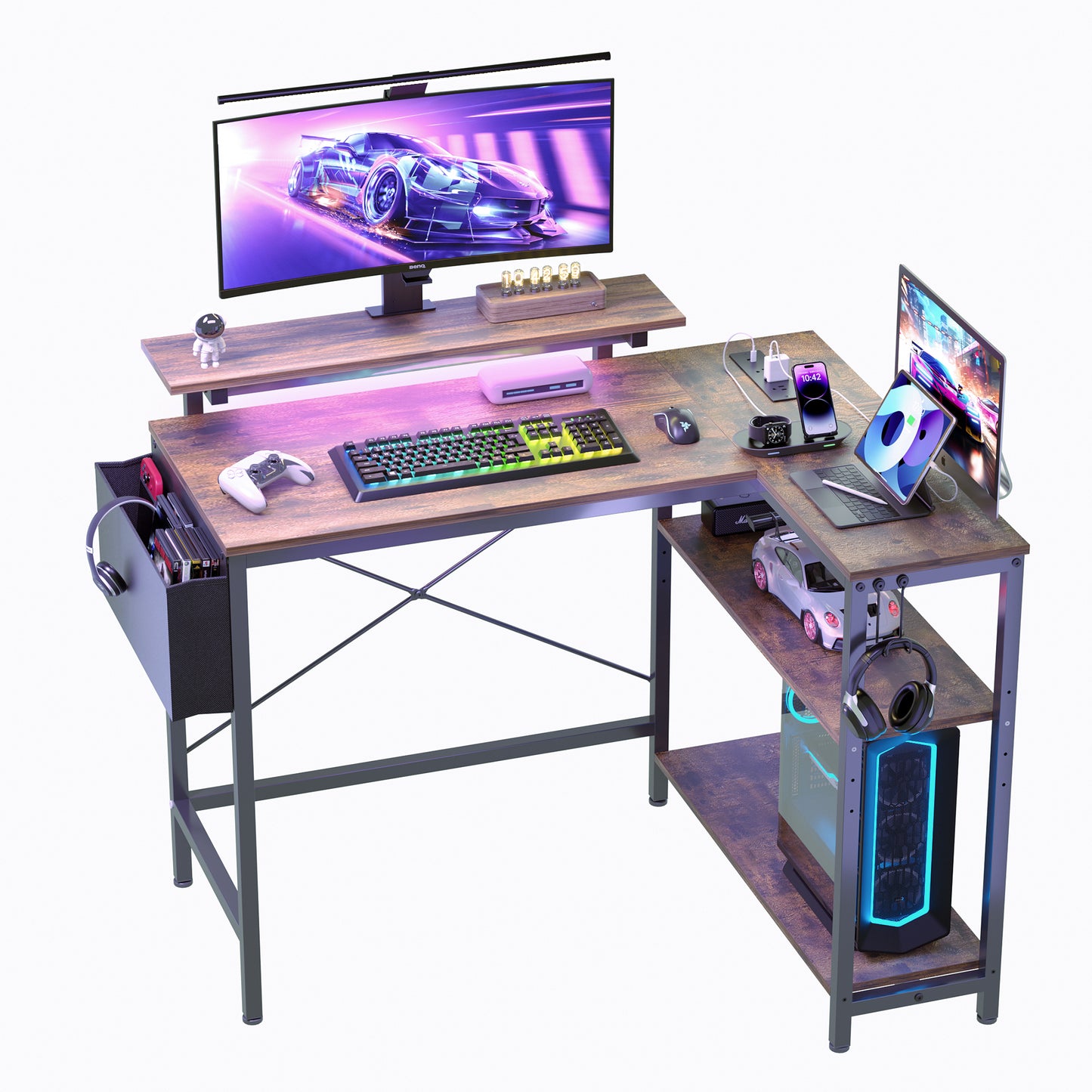 Eunon 42" Gaming Desk with LED Lights L Shaped Desk with Power Outlet & Monitor Stand Corner Computer Desk,Rustic