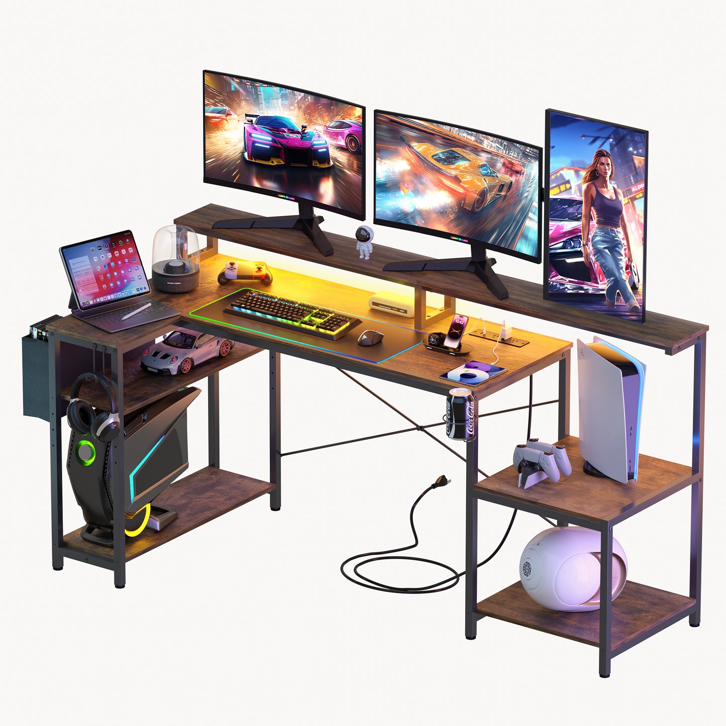 Eunon 71 inch L-Shaped Gaming Desk with Power Outlets LED Computer Office Table with Monitor Stand & Storage Shelf