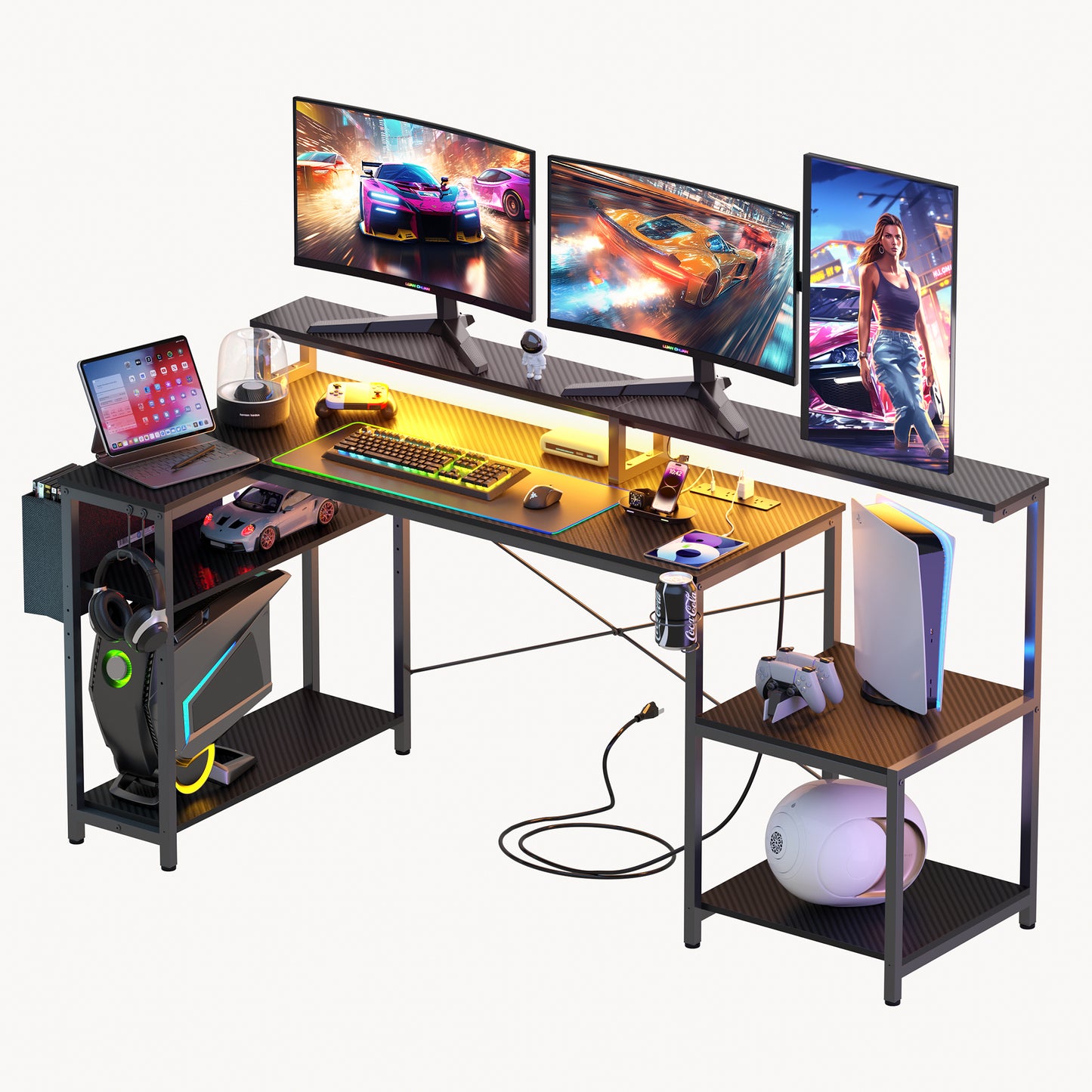 Eunon 71 inch L-Shaped Gaming Desk with Power Outlets LED Computer Office Table with Monitor Stand & Storage Shelf