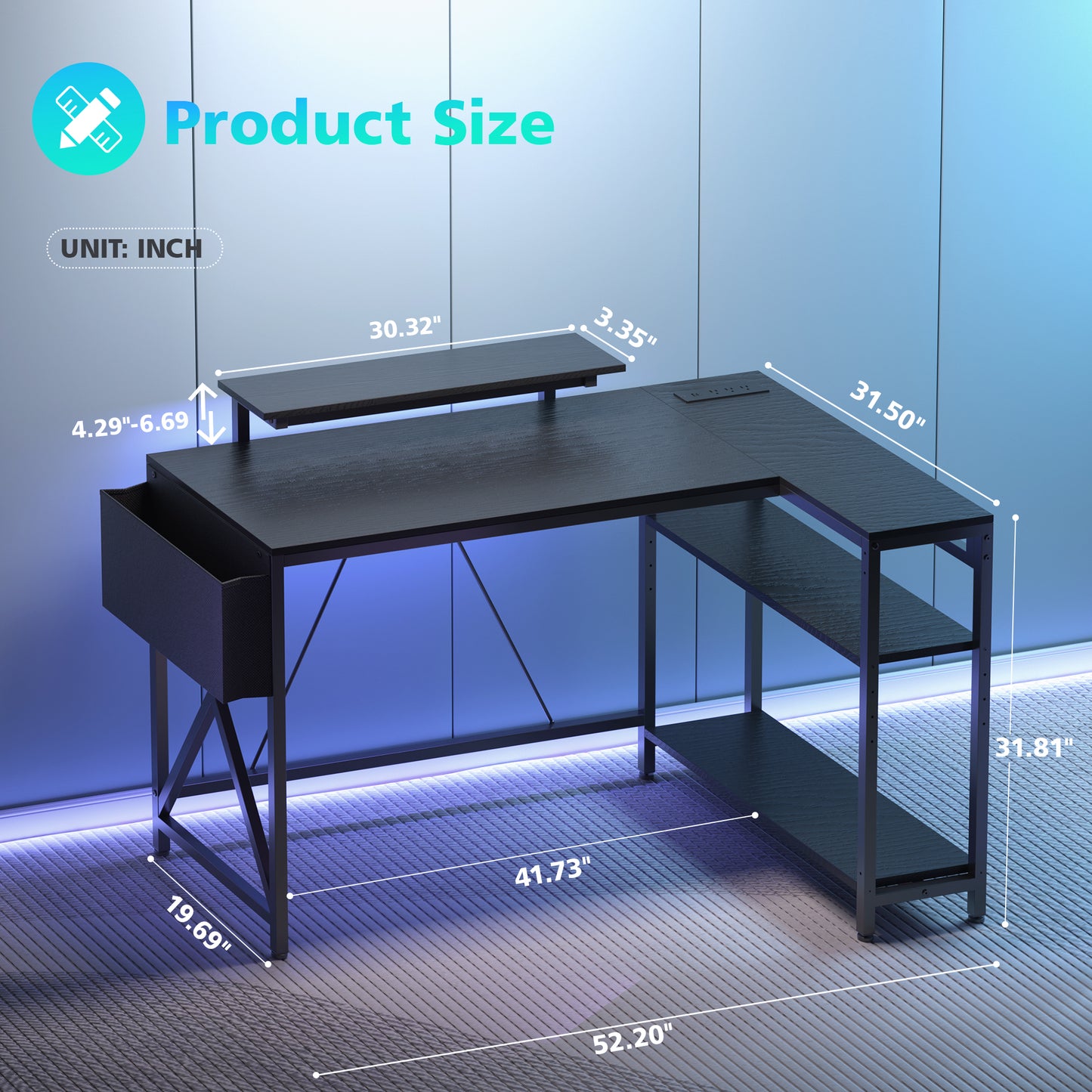 Eunon 52" Gaming Desk with LED Lights L Shaped Desk with Power Outlets Adjustable Monitor Stand Corner Computer Desk, Black Grained