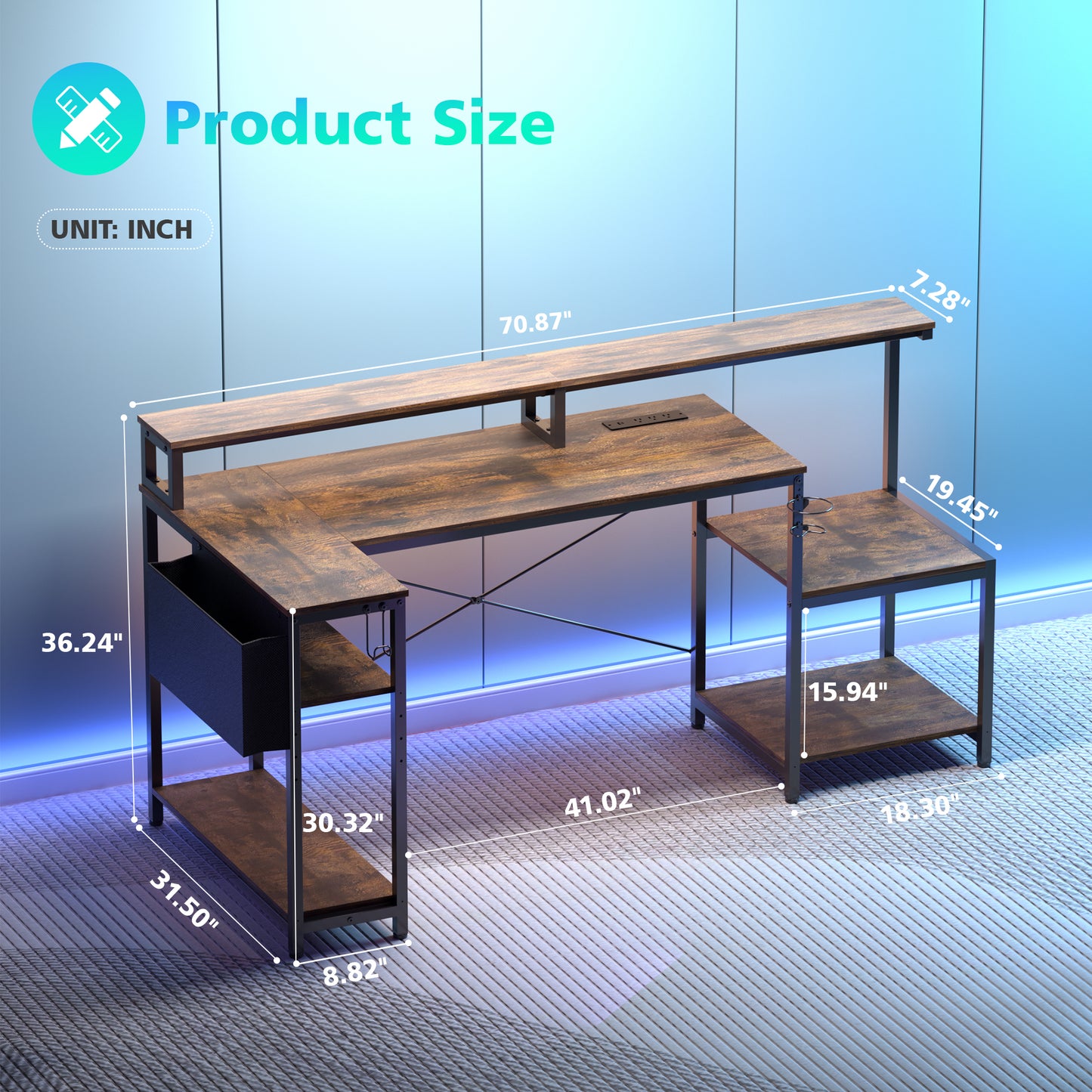 Eunon 71 inch L-Shaped Gaming Desk with Power Outlets LED Computer Office Table with Monitor Stand & Storage Shelf