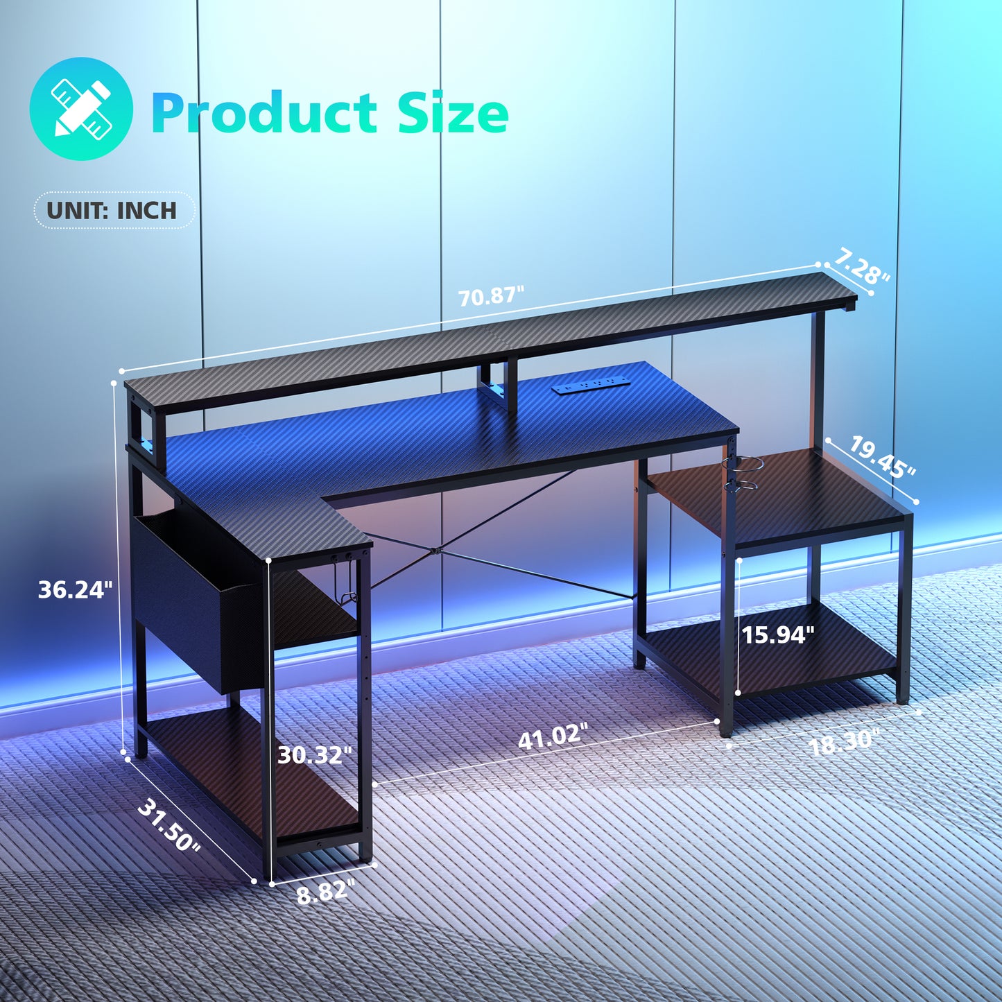 Eunon 71 inch L-Shaped Gaming Desk with Power Outlets LED Computer Office Table with Monitor Stand & Storage Shelf