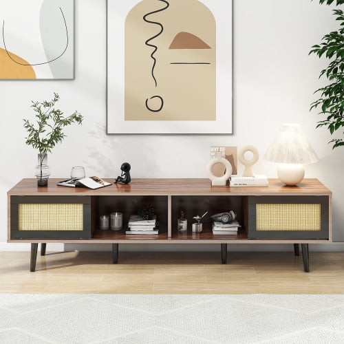 TCISA Mid-Century Modern TV Stand for TVs up to 70" with Concealed Storage and Durable Design