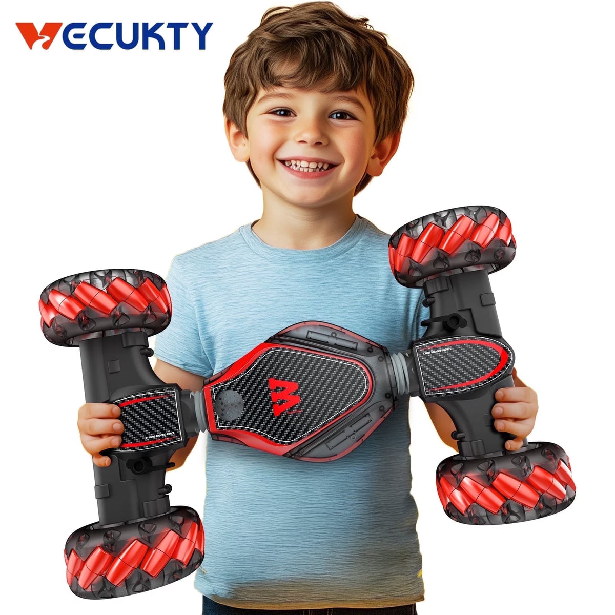 RC Stunt Car Twisting Snake, Vecukty 1:10 Spray Giant Wheel Remote Control Toy Car with High-Speed Climbing and Colorful Gradient Lights with Music,Red