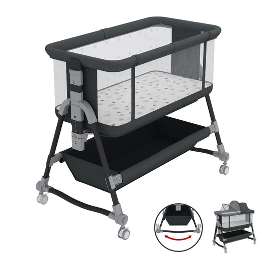 SACVON Baby Bassinet, Beside Sleeper for Baby, Bedside Bassinet with Storage Basket and Wheels to Reduce Mom's Fatigue, Black