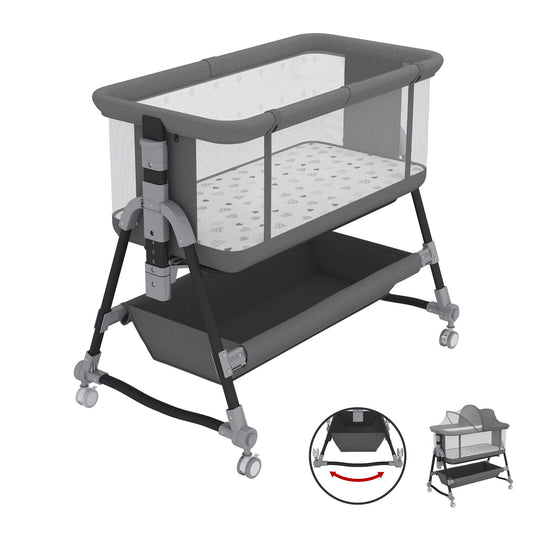 SACVON Baby Bassinet, Beside Sleeper for Baby, Bedside Bassinet with Storage Basket and Wheels to Reduce Mom's Fatigue, Gray