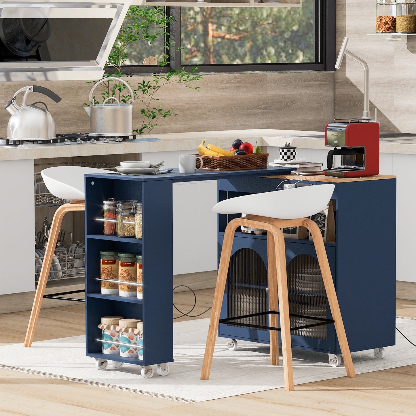 TCISA Rolling Kitchen Island Cart Extendable Table With Fluted Glass Doors, LED Lights & Power Outlets,Navy Blue