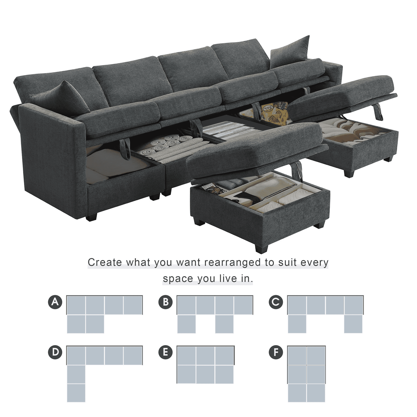 TCISA Sectional Couch Sleeper Sofa Bed with Storage - U-Shape Sectional Chenille Couch, Adjustable & Ergonomic, Solid Wood Frame, Gray