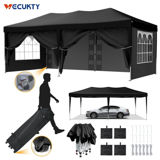 VECUKTY 10 x 20ft Pop up Canopy Tent with 6 Sidewalls, Wheeled Bag, Shelter for Outdoor Shade,Black