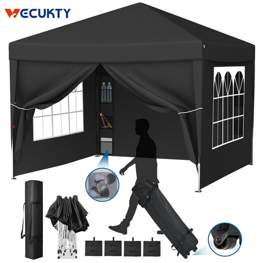 Vecukty 10' x 10' Black Sturdy Pop Up Canopy Tent, Removable Sidewalls