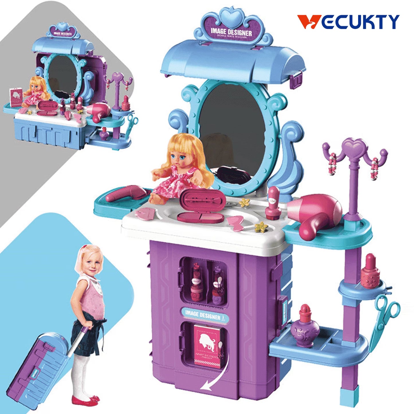 Vecukty 39Pcs Pretend Beauty Salon Set for Kids, Play Hair Stylist Toy with Simulation Spray, Image Designer Role Play Kit, Gift for Girls Boys