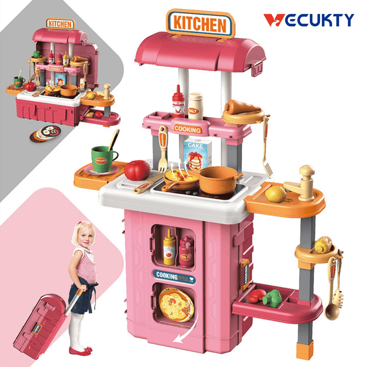 Vecukty 49Pcs Pretend Play Kitchen Set for Kids, Toy Cooking Set with Kitchen Accessories, Gift for Toddlers Girls Boys