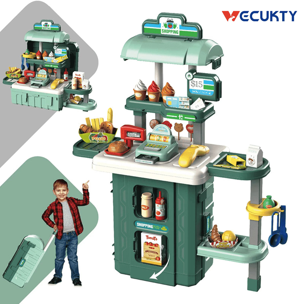 Vecukty 38Pcs Pretend Play Supermarket Set for Kids, Toy Shopping Cart with Food Accessories, Cash Register Role Play Kit, Gift for Girls Boys