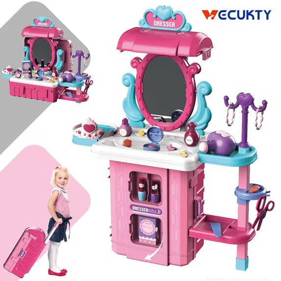 Vecukty 39Pcs Pretend Makeup Play Set, Kids Vanity with Mirror and Beauty Accessories, Princess Dresser Role Play Toy, Fashion Christmas Birthday Gift
