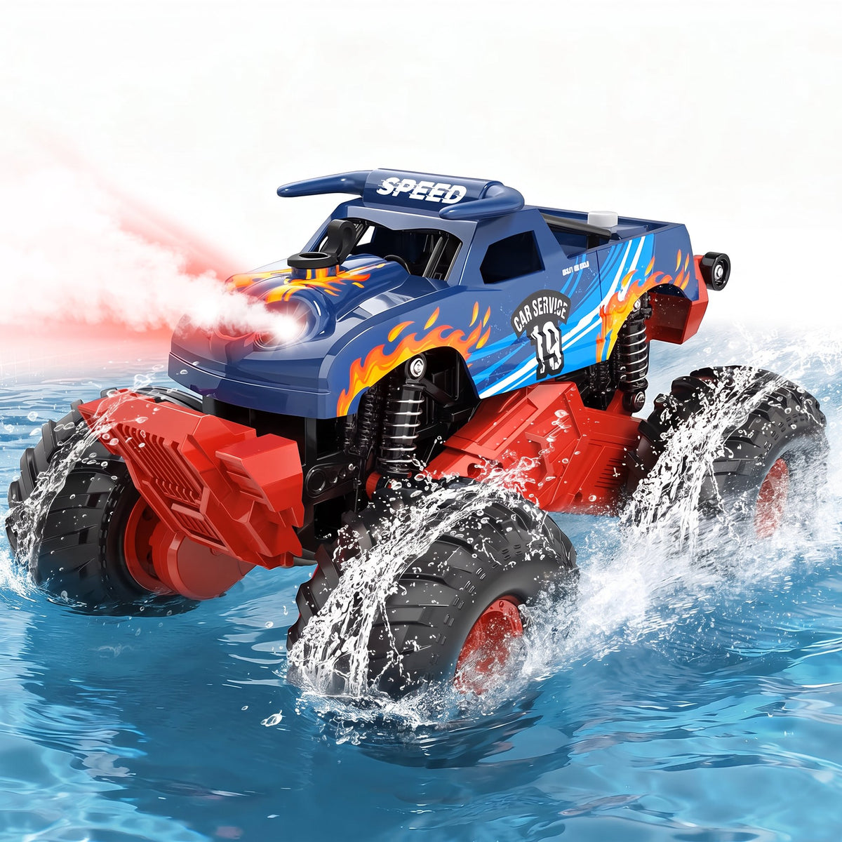 Vecukty 4WD Amphibious RC Monster Truck, Waterproof Remote Control Off Road Pickup Truck with LED Lights & Water Spray, 2.4GHz All Terrain RC Car, Toy Gift for Boys Girls Kids 4-12 Years Old