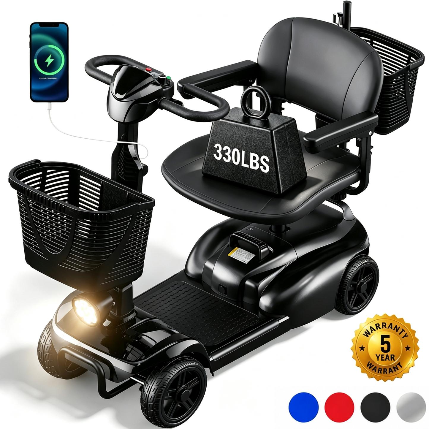 SACVON 4 Wheel Mobility Scooter for Seniors, with 330 lbs Capacity, 250W Motor, Long Battery Life, Comfort Swivel Seat, Detachable Dual Baskets, USB Port & LED Light, Black