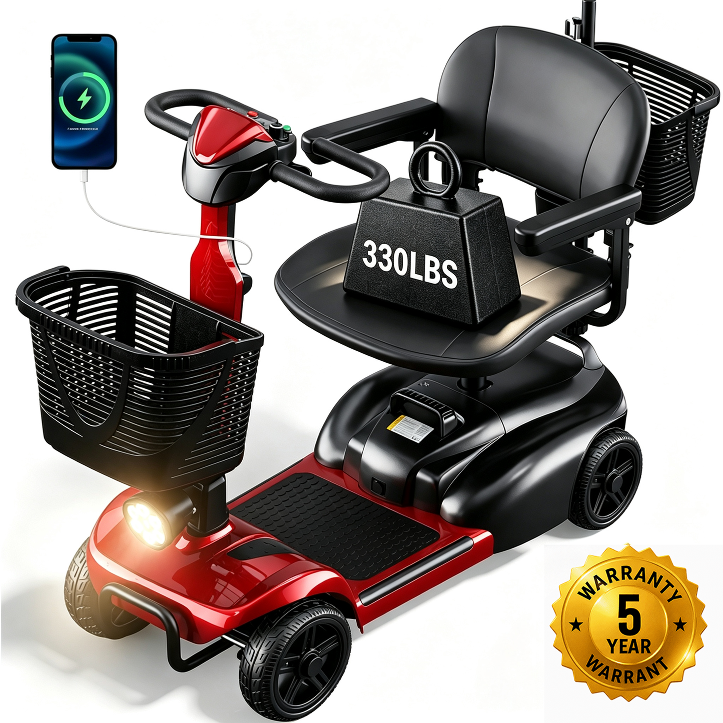 SACVON 4 Wheel Mobility Scooter for Seniors, with 330 lbs Capacity, 250W Motor, Long Battery Life, Comfort Swivel Seat, Detachable Dual Baskets, USB Port & LED Light, Red