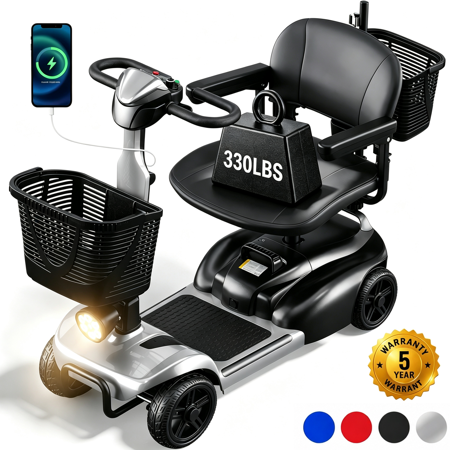 SACVON 4 Wheel Mobility Scooter for Seniors, with 330 lbs Capacity, 250W Motor, Long Battery Life, Comfort Swivel Seat, Detachable Dual Baskets, USB Port & LED Light, Silver