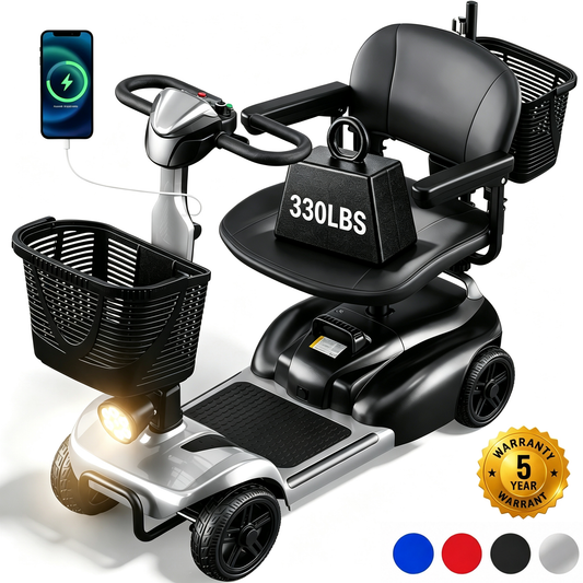 SACVON 4 Wheel Mobility Scooter for Seniors, with 330 lbs Capacity, 250W Motor, Long Battery Life, Comfort Swivel Seat, Detachable Dual Baskets, USB Port & LED Light, Silver